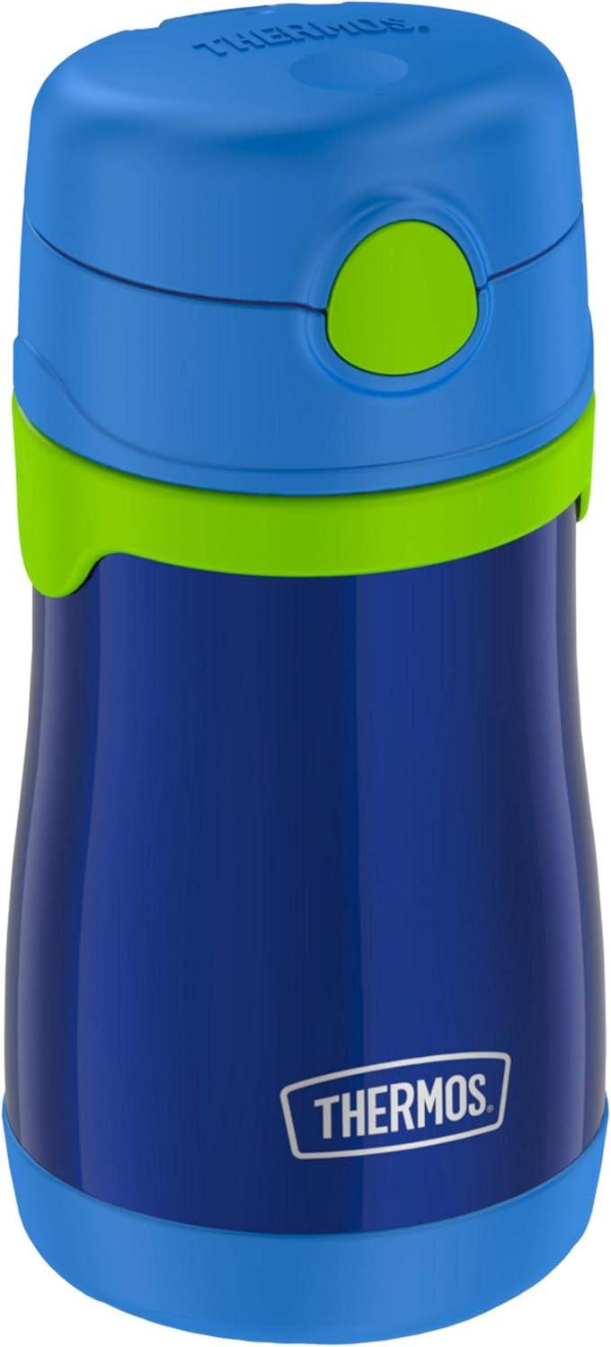imageThermos Baby 10 oz Stainless Steel Bottle with popup straw BlueyNavy with Lime