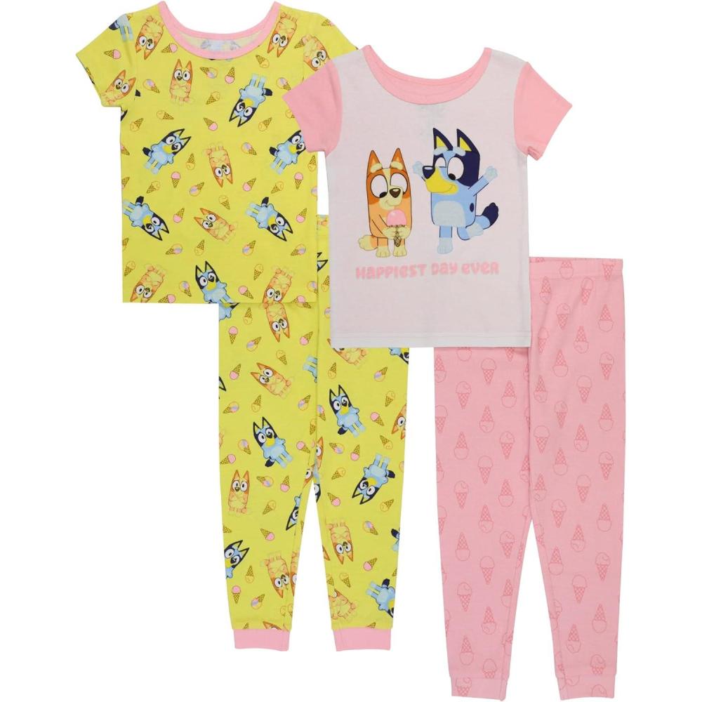 imageBluey Girls 4piece Snugfit Matching ShortSleeve Cotton Pajama Set Soft amp Cute for KidsHappy Day