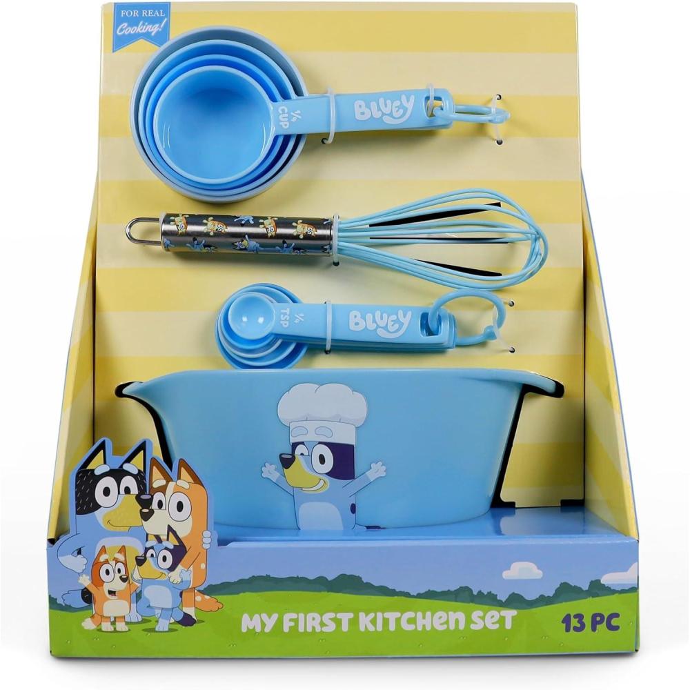 imageHandstand Kitchen Bluey My First Real Kitchen Tools Set with 15 Quart Mixing Bowl Measuring Spoon Set Measuring Cup Set and 85 Whisk