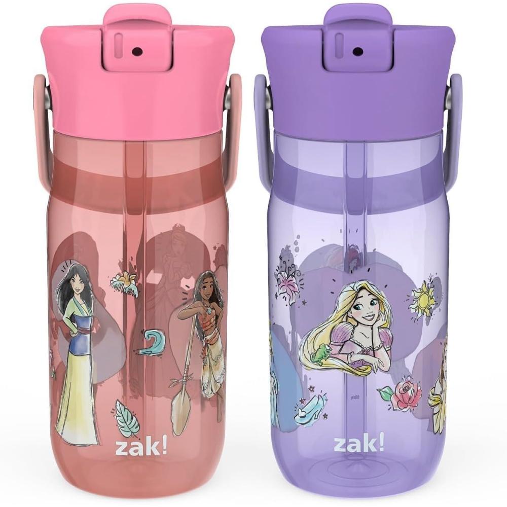imageZak Designs Harmony Bluey Water Bottle for Travel or At Home 18oz Durable Plastic is LeakProof When Closed with Straw Lid and Carry Handle 2Pack Bluey and BingoDisney Princess