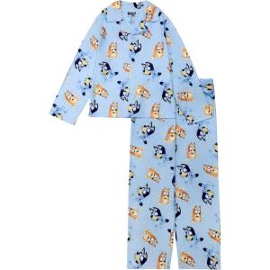 Bluey Girls’ 2-piece Loose-fit Button Down Pajama Set, Soft & Cute for Kids(Jumping Pals)