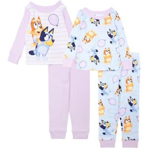 Bluey Girls’ 4-piece Snug-fit Matching Short-Sleeve Cotton Pajama Set, Soft & Cute for Kids(Balloon Fun)