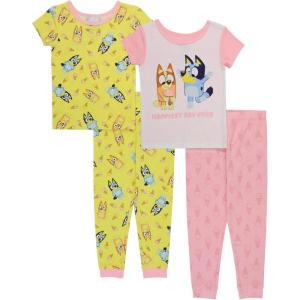 Bluey Girls’ 4-piece Snug-fit Matching Short-Sleeve Cotton Pajama Set, Soft & Cute for Kids(Happy Day)