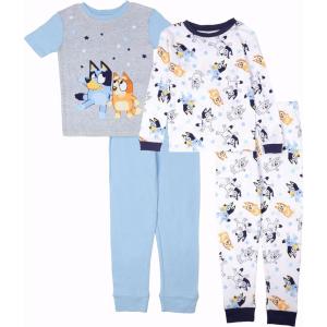 Bluey Girls’ 4-piece Snug-fit Matching Short-Sleeve Cotton Pajama Set, Soft & Cute for Kids(Hooray Team)
