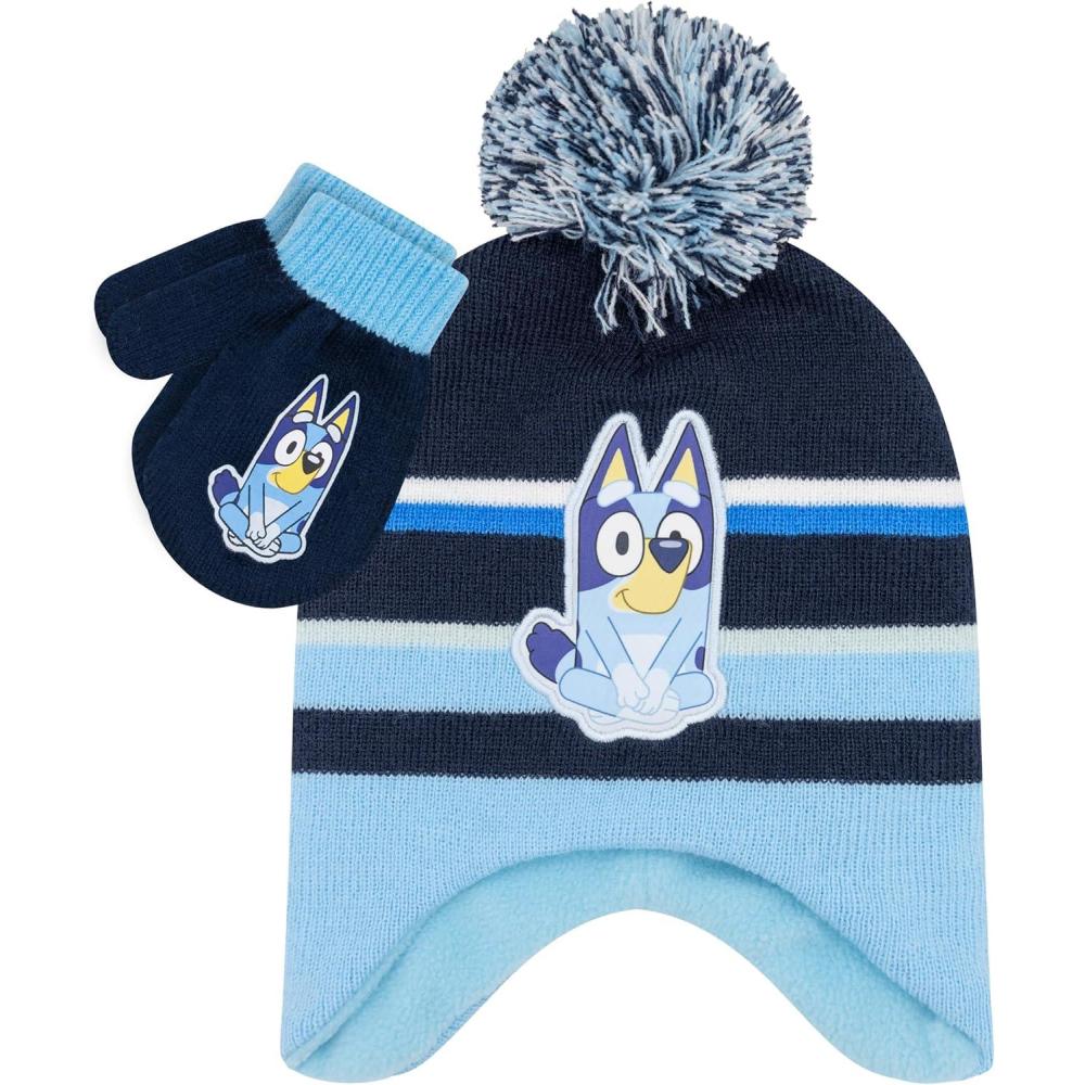imageBluey Bandit and Chilli Toddler Hat with Winter Mittens for Kids Warm Winter Hat for Toddler with Kids Mittens Blue GreyBlues3