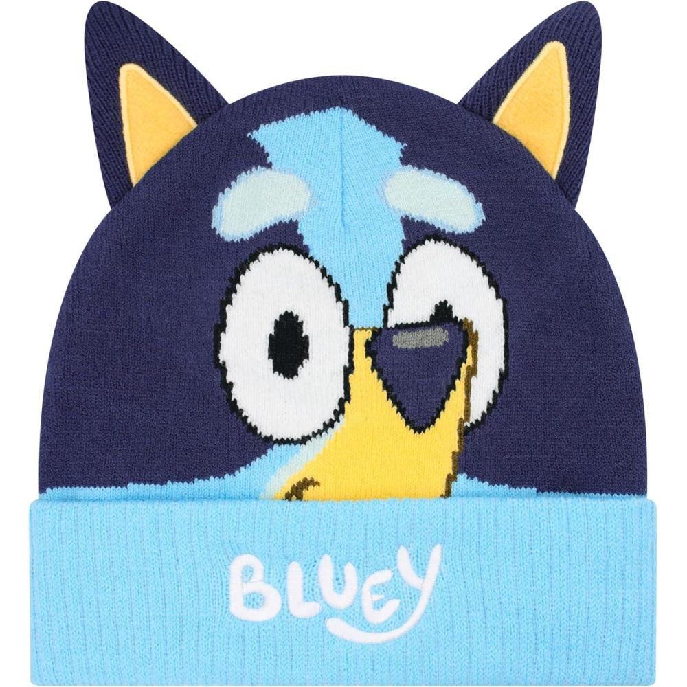 imageBluey Bandit and Chilli Toddler Hat with Winter Mittens for Kids Warm Winter Hat for Toddler with Kids Mittens Blue GreyBluey Winter Hat