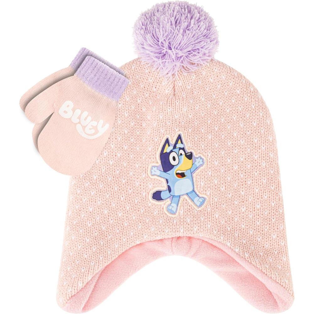 imageBluey Bandit and Chilli Toddler Hat with Winter Mittens for Kids Warm Winter Hat for Toddler with Kids Mittens Blue GreyPink 2 Piece