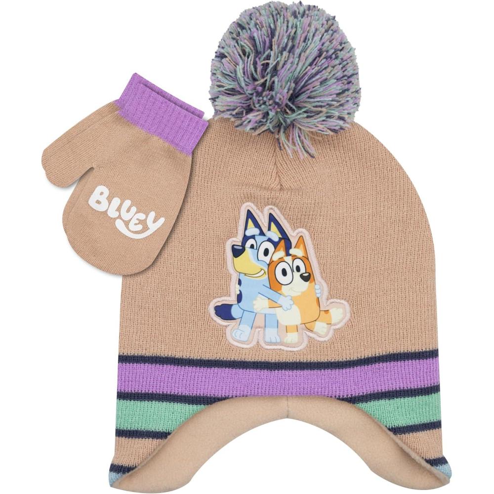 imageBluey Bandit and Chilli Toddler Hat with Winter Mittens for Kids Warm Winter Hat for Toddler with Kids Mittens Blue GreyPink Purple