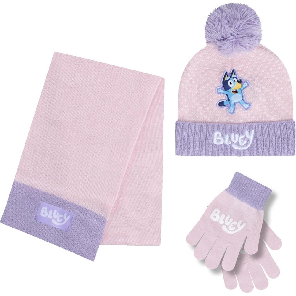 imageBluey Bandit and Chilli Toddler Hat with Winter Mittens for Kids Warm Winter Hat for Toddler with Kids Mittens Blue GreyPinky Purple