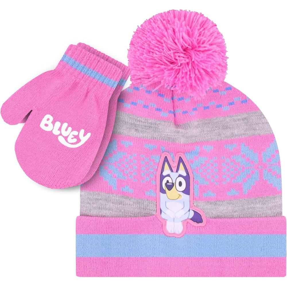 imageBluey Bandit and Chilli Toddler Hat with Winter Mittens for Kids Warm Winter Hat for Toddler with Kids Mittens Blue GreyRed Lightning Mcqueen