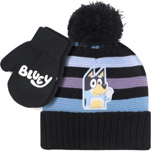 Bluey Bandit and Chilli Toddler Hat with Winter Mittens for Kids – Warm Winter Hat for Toddler with Kids Mittens Blue Grey(Bluey Stripes)