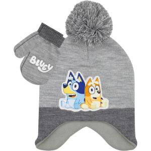 Bluey Bandit and Chilli Toddler Hat with Winter Mittens for Kids – Warm Winter Hat for Toddler with Kids Mittens Blue Grey(Grey)