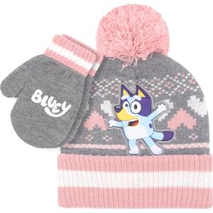 Bluey Bandit and Chilli Toddler Hat with Winter Mittens for Kids – Warm Winter Hat for Toddler with Kids Mittens Blue Grey(Pink Pompom)