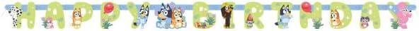 imageBluey Birthday Party Supplies Bundle includes 16 Lunch Plates 16 Lunch Napkins 16 Paper Cups 1 Plastic Table Cover 1 Happy Birthday Banner 16 Party Blowouts 1 Dinosaur Sticker Sheet