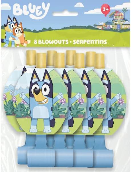 imageBluey Birthday Party Supplies Bundle includes 16 Lunch Plates 16 Lunch Napkins 16 Paper Cups 1 Plastic Table Cover 1 Happy Birthday Banner 16 Party Blowouts 1 Dinosaur Sticker Sheet