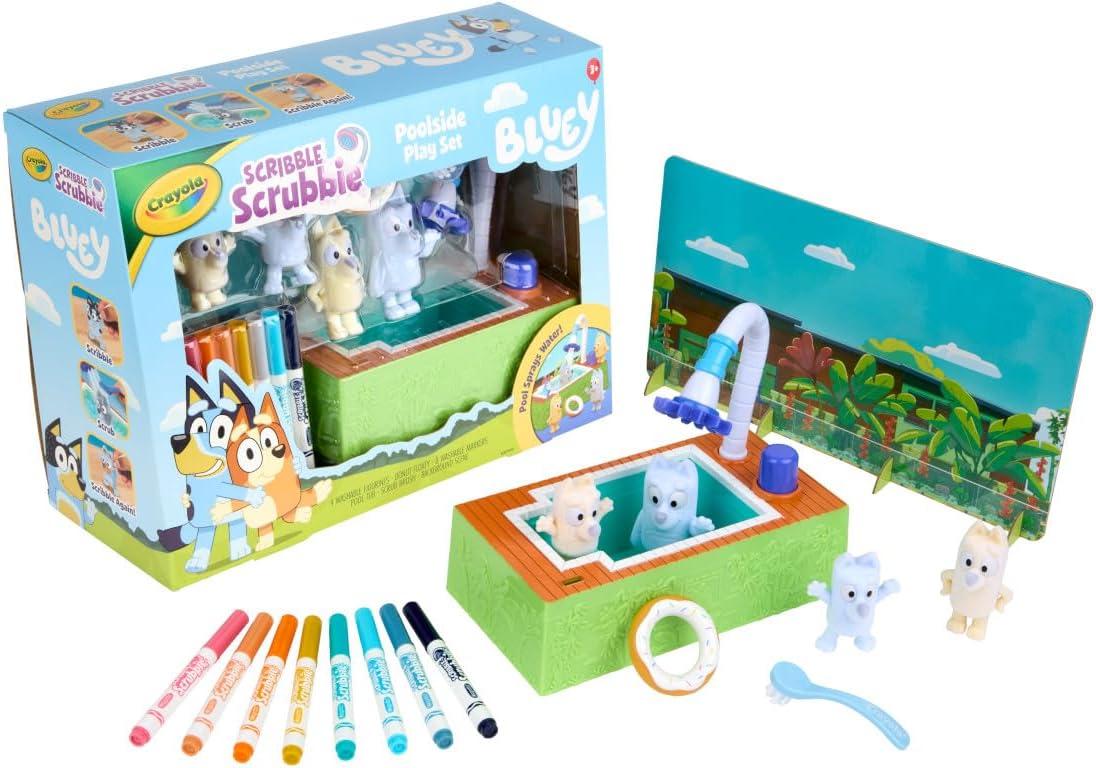 imageCrayola Scribble Scrubbies Deluxe Bluey Playset 3ct Toddler Arts amp Crafts Kit Washable Stickers Bluey Toys Gift for Girls amp Boys Ages 3Poolside Playset