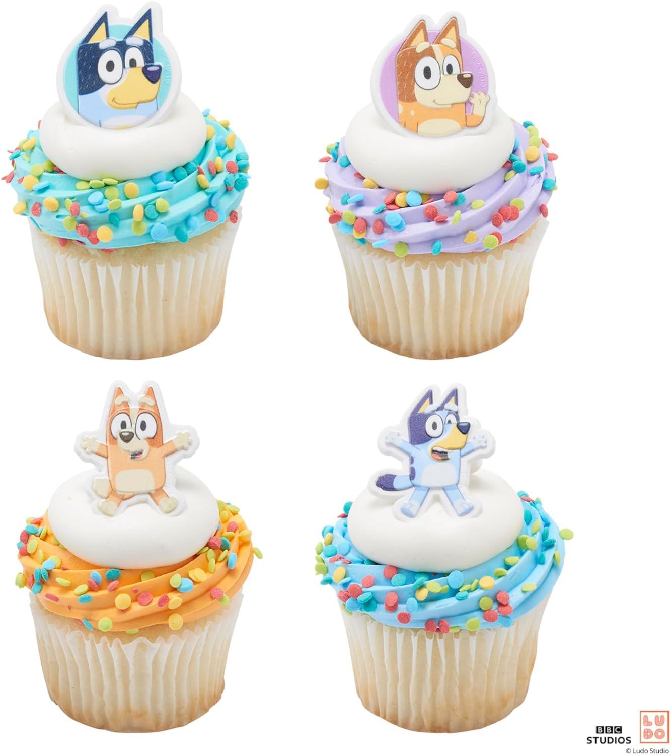 imageDecoPac Bluey So Much Fun Rings 24 Cupcake Decorations Featuring Bluey Bingo Bandit and Chilli 3D Food Safe Cake Toppers 24 Pack14 x 175 inches