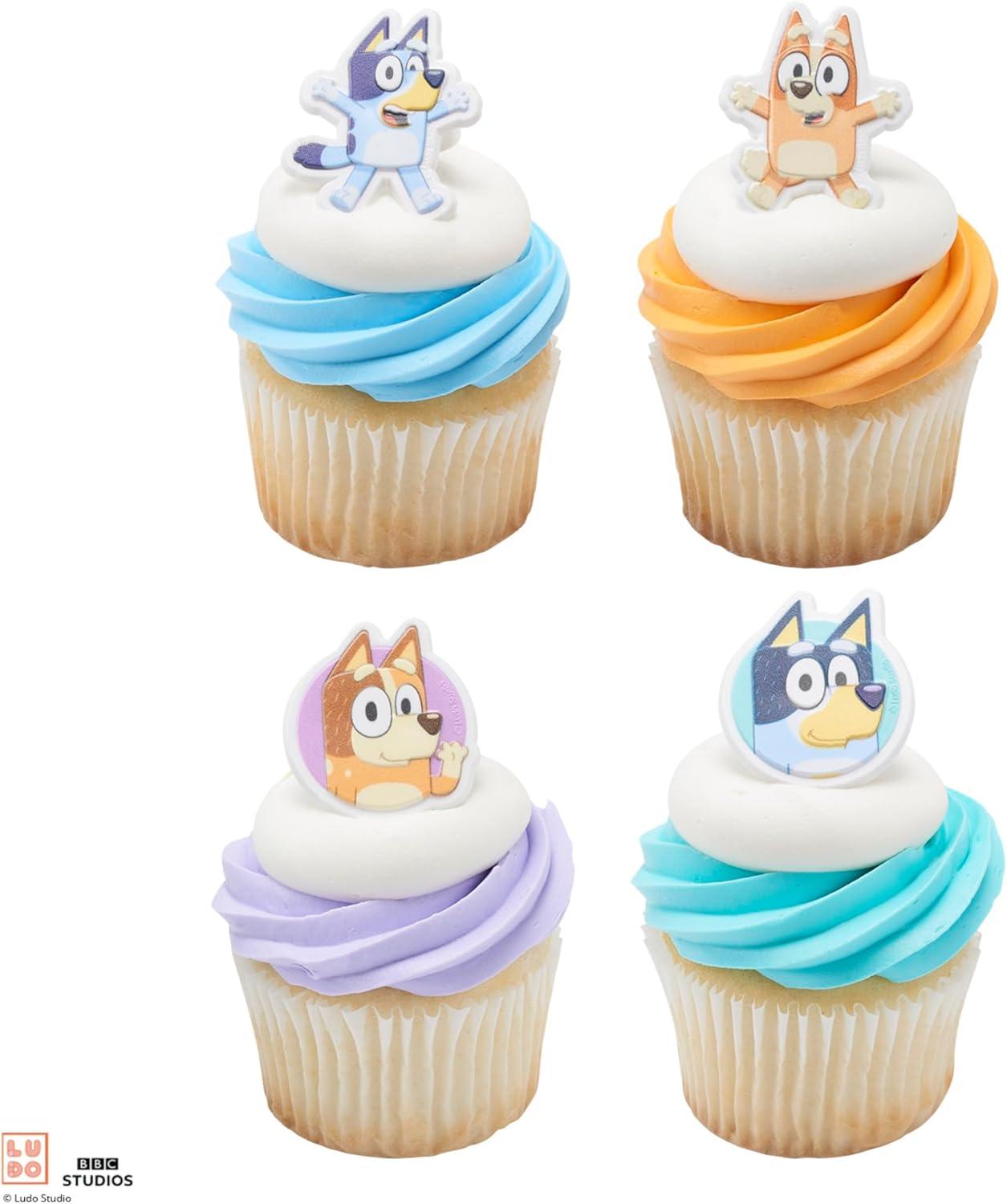 imageDecoPac Bluey So Much Fun Rings 24 Cupcake Decorations Featuring Bluey Bingo Bandit and Chilli 3D Food Safe Cake Toppers 24 Pack14 x 175 inches