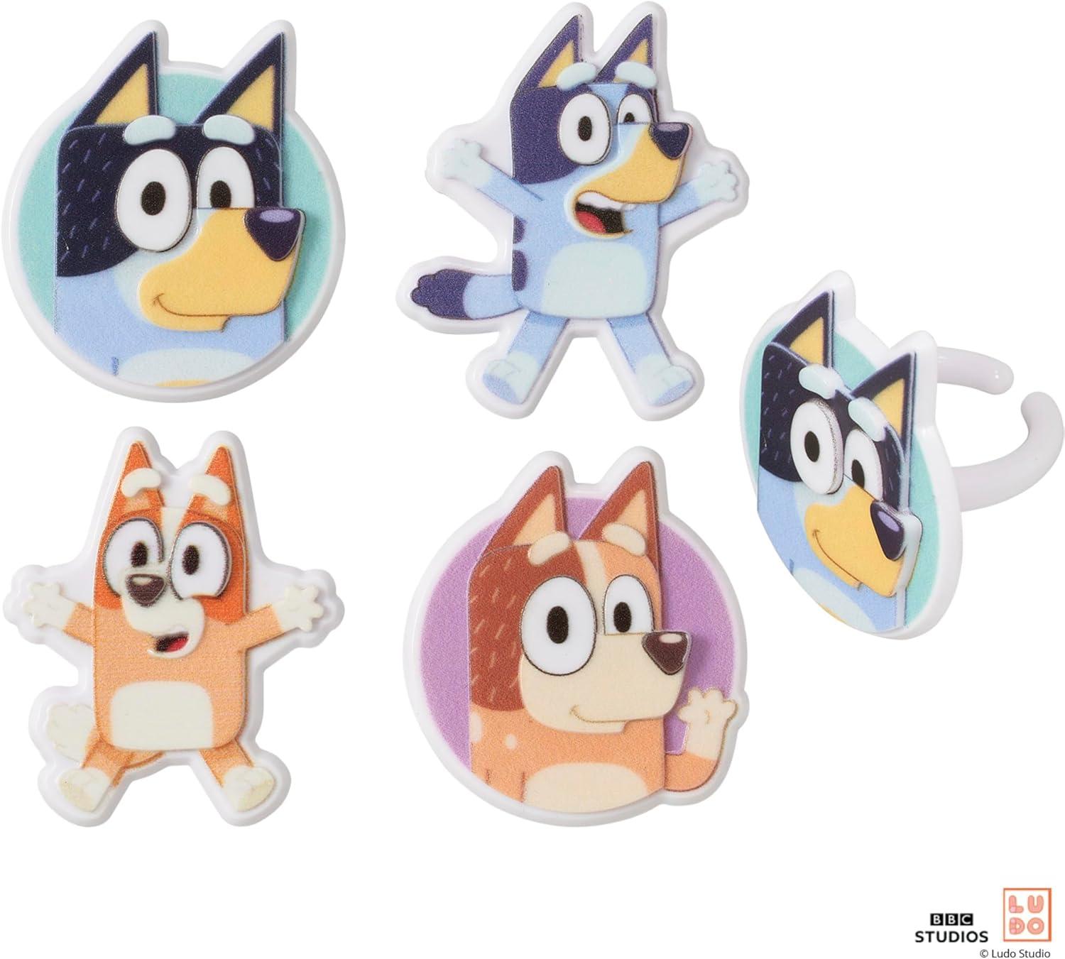 imageDecoPac Bluey So Much Fun Rings 24 Cupcake Decorations Featuring Bluey Bingo Bandit and Chilli 3D Food Safe Cake Toppers 24 Pack14 x 175 inches