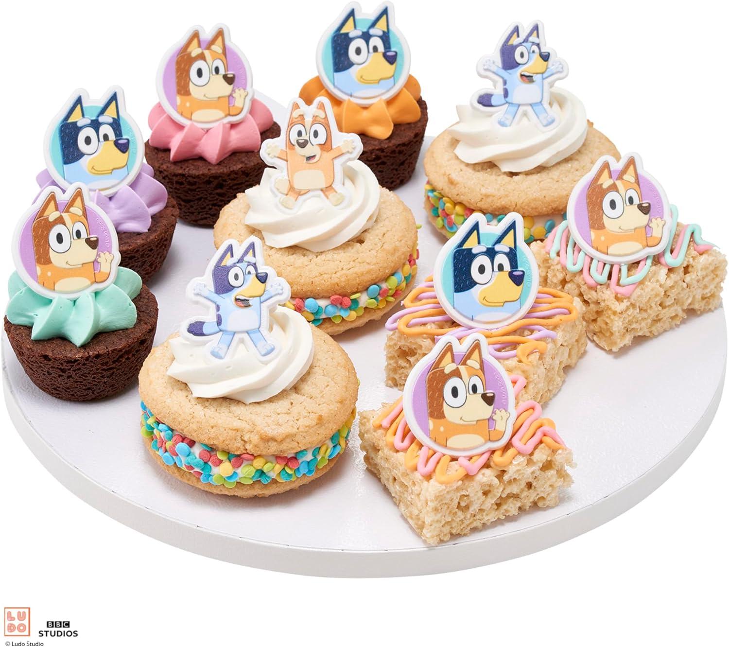 imageDecoPac Bluey So Much Fun Rings 24 Cupcake Decorations Featuring Bluey Bingo Bandit and Chilli 3D Food Safe Cake Toppers 24 Pack14 x 175 inches