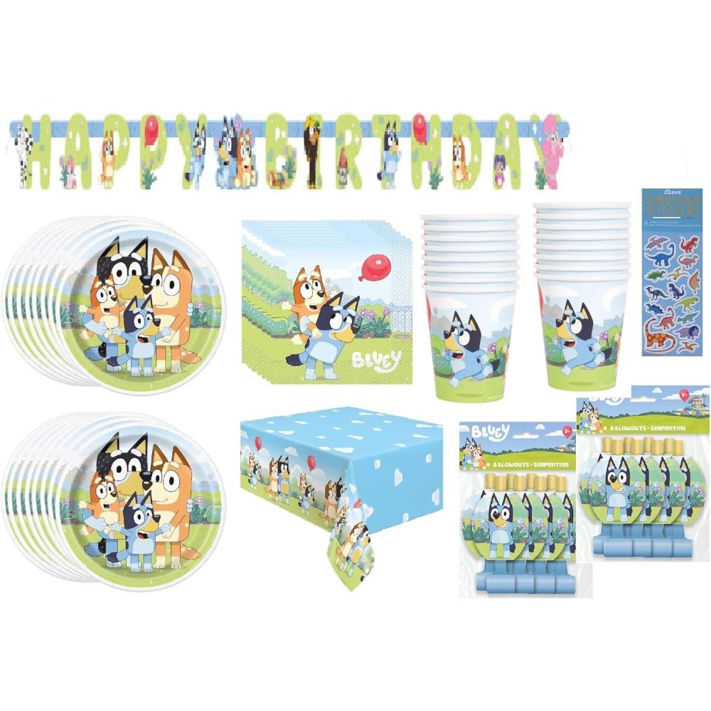 imageBluey Birthday Party Supplies Bundle includes 16 Lunch Plates 16 Lunch Napkins 16 Paper Cups 1 Plastic Table Cover 1 Happy Birthday Banner 16 Party Blowouts 1 Dinosaur Sticker Sheet