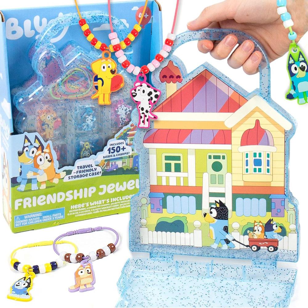 imageBluey Friendship Jewelry Create 4 Charm Bracelets amp 2 Charm Necklaces Includes 150 Beads amp 6 Rubber Charms with Storage Case Gifts for Kids Boys Girls