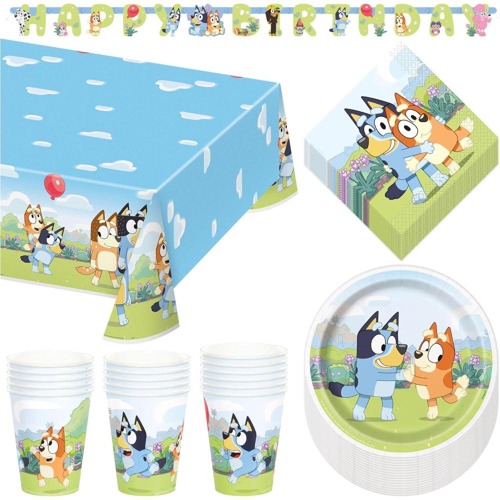 imageBluey Party Supplies Bluey Theme Birthday Paper Dessert Plates Napkins Cups Table Cover and Happy Birthday Banner Decoration 16 Plates amp Napkins