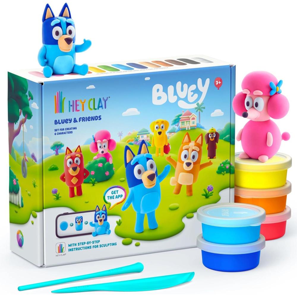 imageHEY CLAY Bluey amp Friends AirDrying Clay for Kids Arts and Crafts Creative Modeling Clay Kit Children Ages 48 RustyFull Set 6 Characters