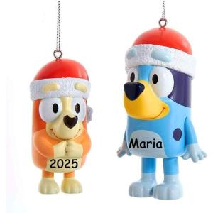 Kurt Adler Bluey and Bingo Ornament Set(Personalized Bluey and Bingo in Santa Hat Ornaments)