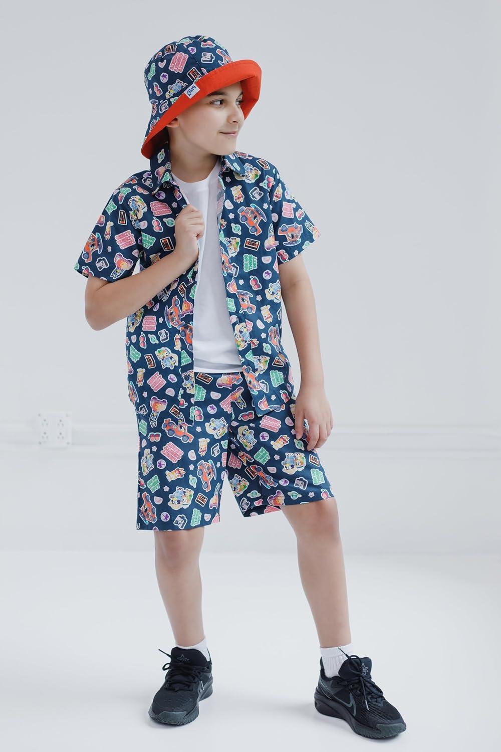 imageBluey Button Down Shirt Shorts and Bucket Sun Hat 3 Piece Outfit Set Toddler to Big KidRoad Trip