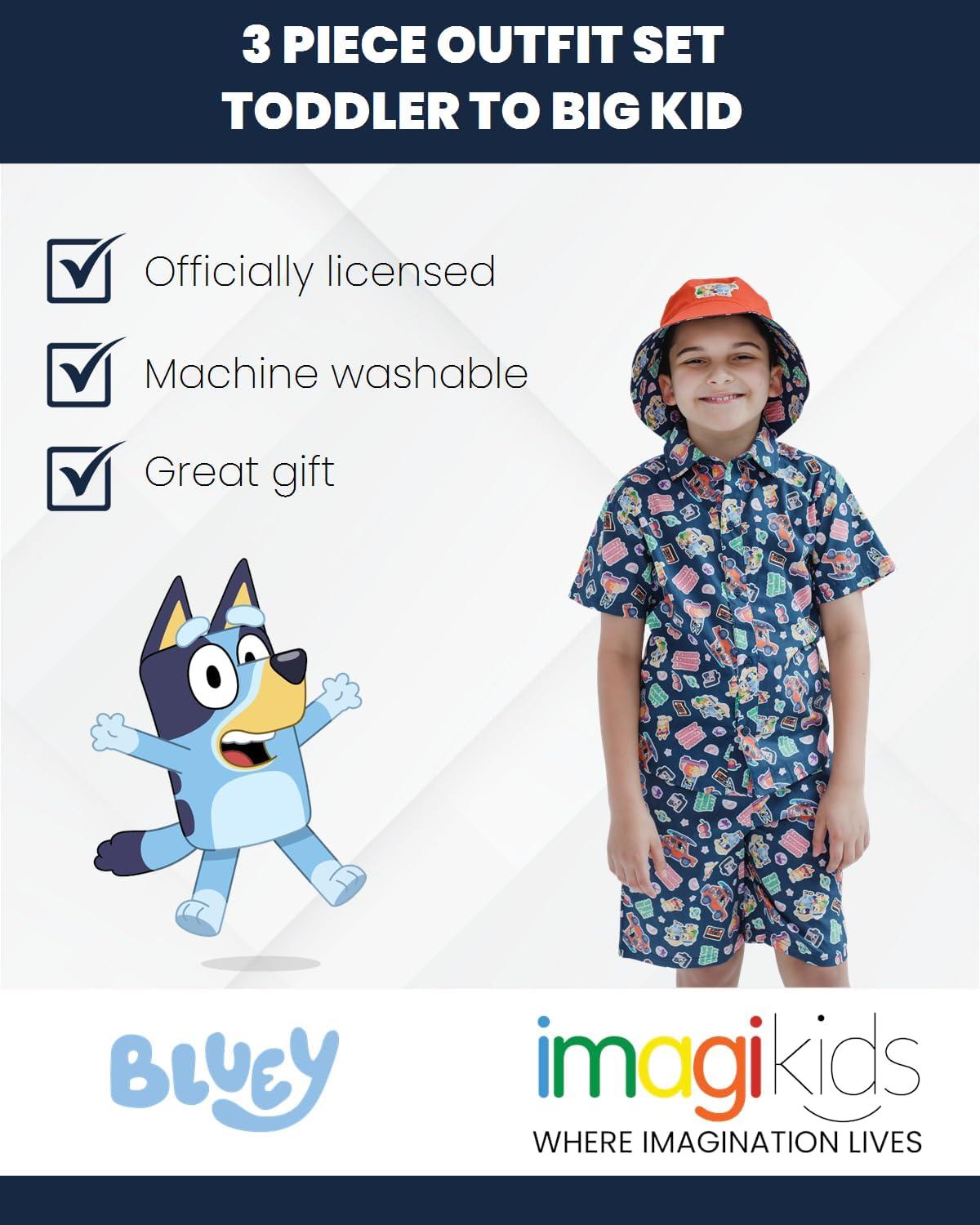 imageBluey Button Down Shirt Shorts and Bucket Sun Hat 3 Piece Outfit Set Toddler to Big KidRoad Trip