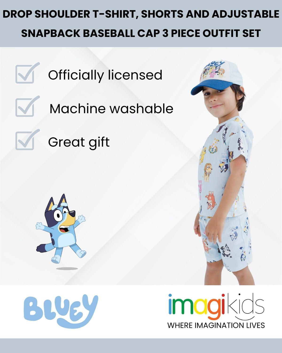 imageBluey Drop Shoulder TShirt French Terry Shorts and Adjustable Snapback Baseball Cap 3 Piece Outfit Set Toddler to Big KidBluey Friends