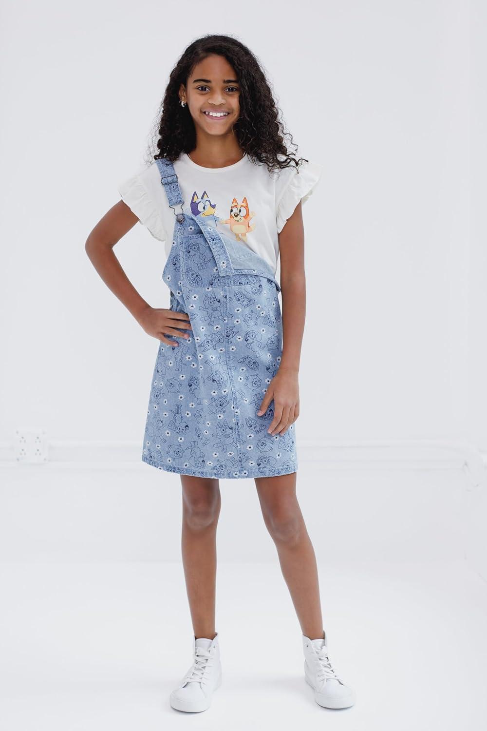 imageBluey Floral Girls Vintage Wash Denim Overall Dress and TShirt Outfit Set Toddler to Big KidBlue White