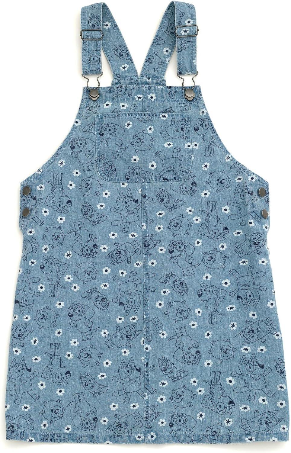 imageBluey Floral Girls Vintage Wash Denim Overall Dress and TShirt Outfit Set Toddler to Big KidBlue White