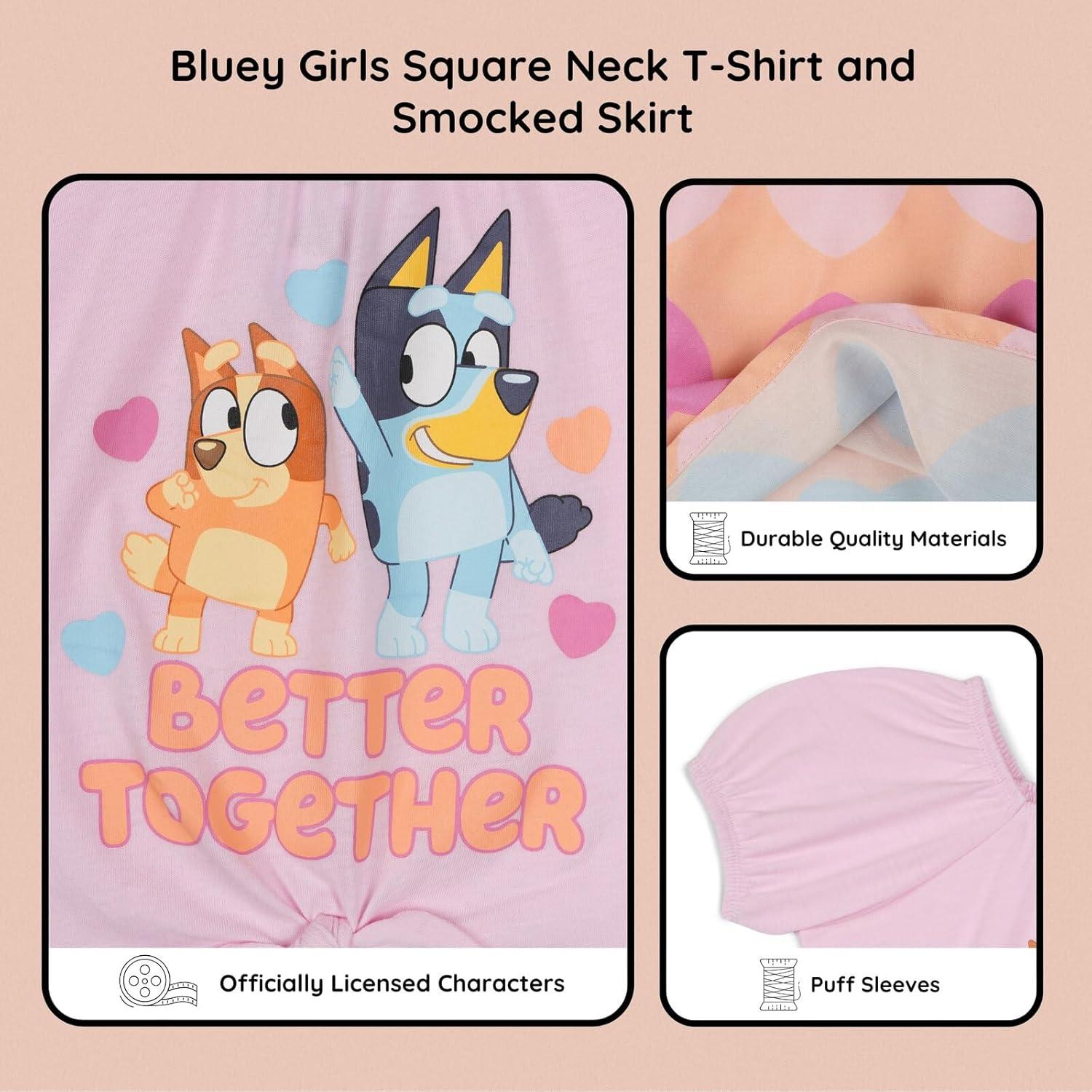 imageBluey Girls Square Neck TShirt and Smocked Skirt Toddler to Big Kid Sizes 2T 1012Pink Orange Hearts