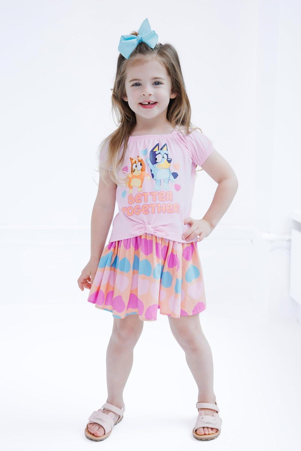 imageBluey Girls Square Neck TShirt and Smocked Skirt Toddler to Big Kid Sizes 2T 1012Pink Orange Hearts