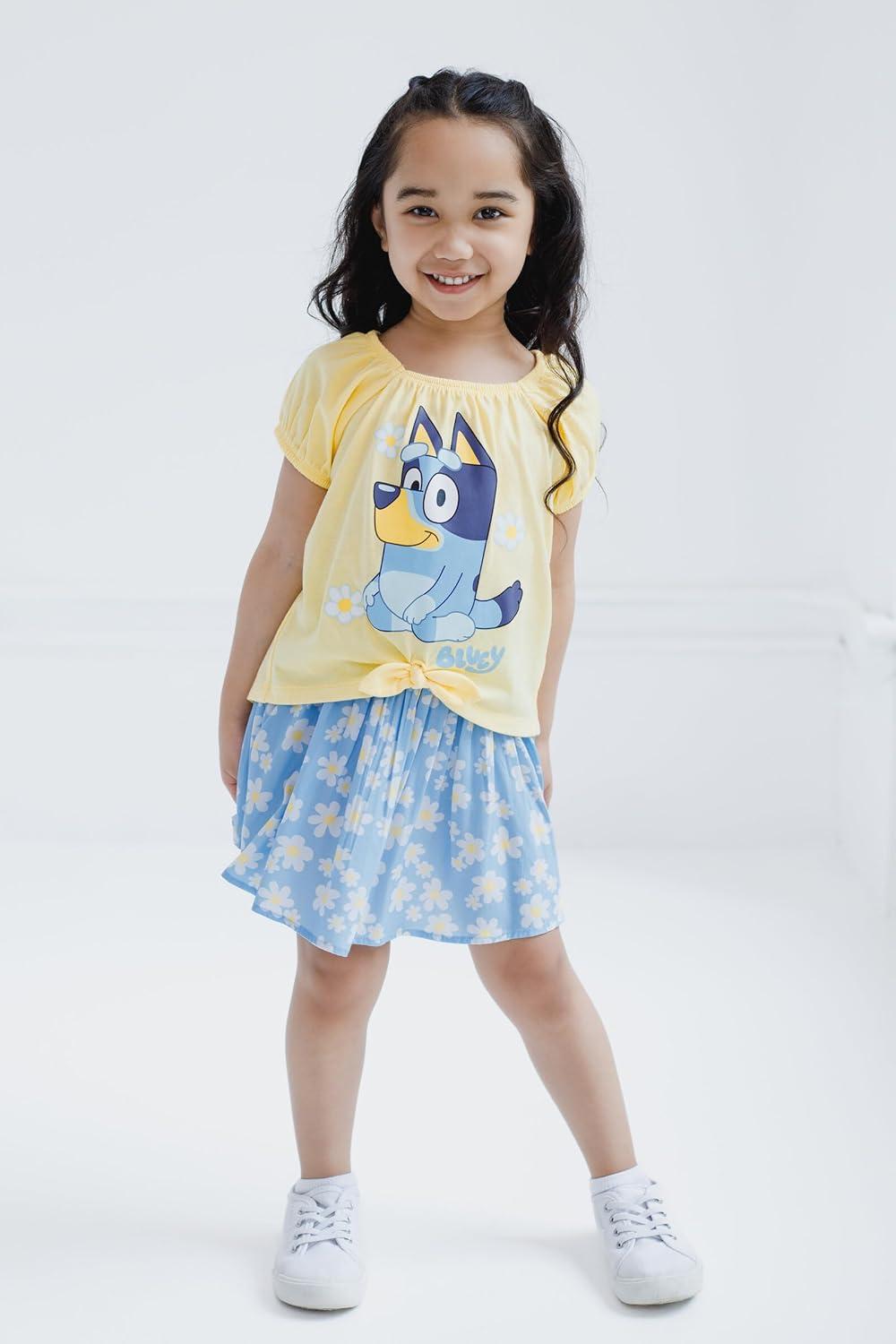imageBluey Girls Square Neck TShirt and Smocked Skirt Toddler to Big Kid Sizes 2T 1012Yellow Blue Daisies