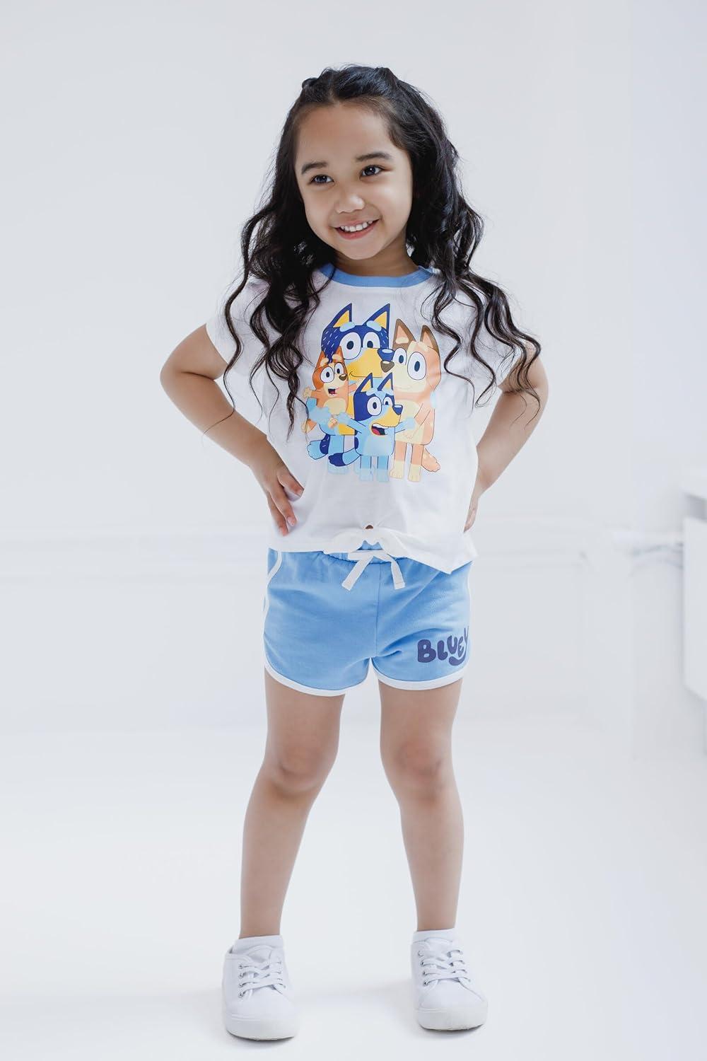 imageBluey Girls TShirt and French Terry Dolphin Shorts Outfit Set Toddler to Big Kid Sizes 2T 1012White Blue