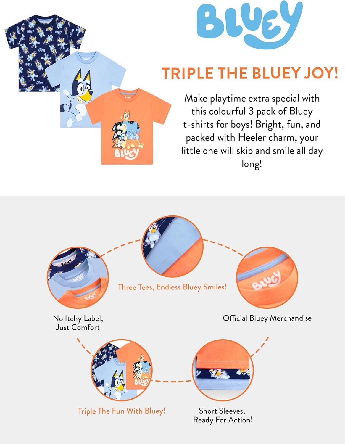 imageBluey Shirts 3 Pack Boys TShirts for Summer Pack of 3 Boys Tshirt Kids Cotton T ShirtMulticoloured
