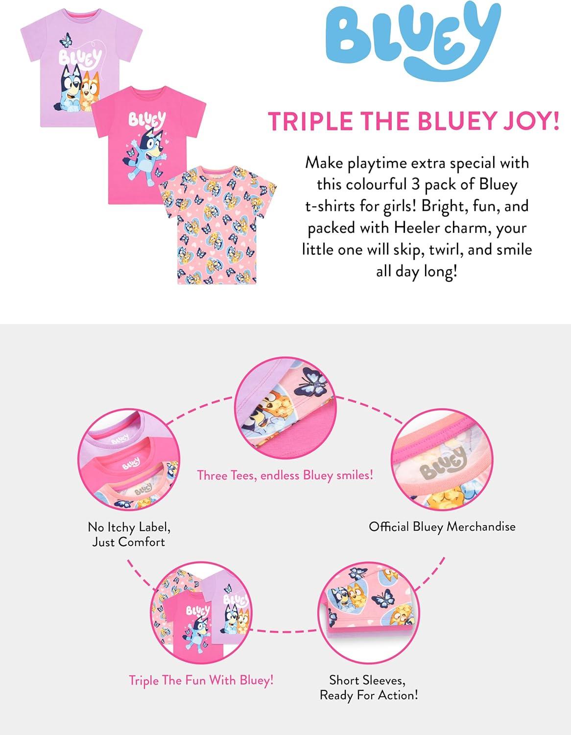 imageBluey Shirts 3 Pack Girls Short Sleeve Shirt for Summer Pack of 3 Girls Tops Cotton Kids TshirtPink