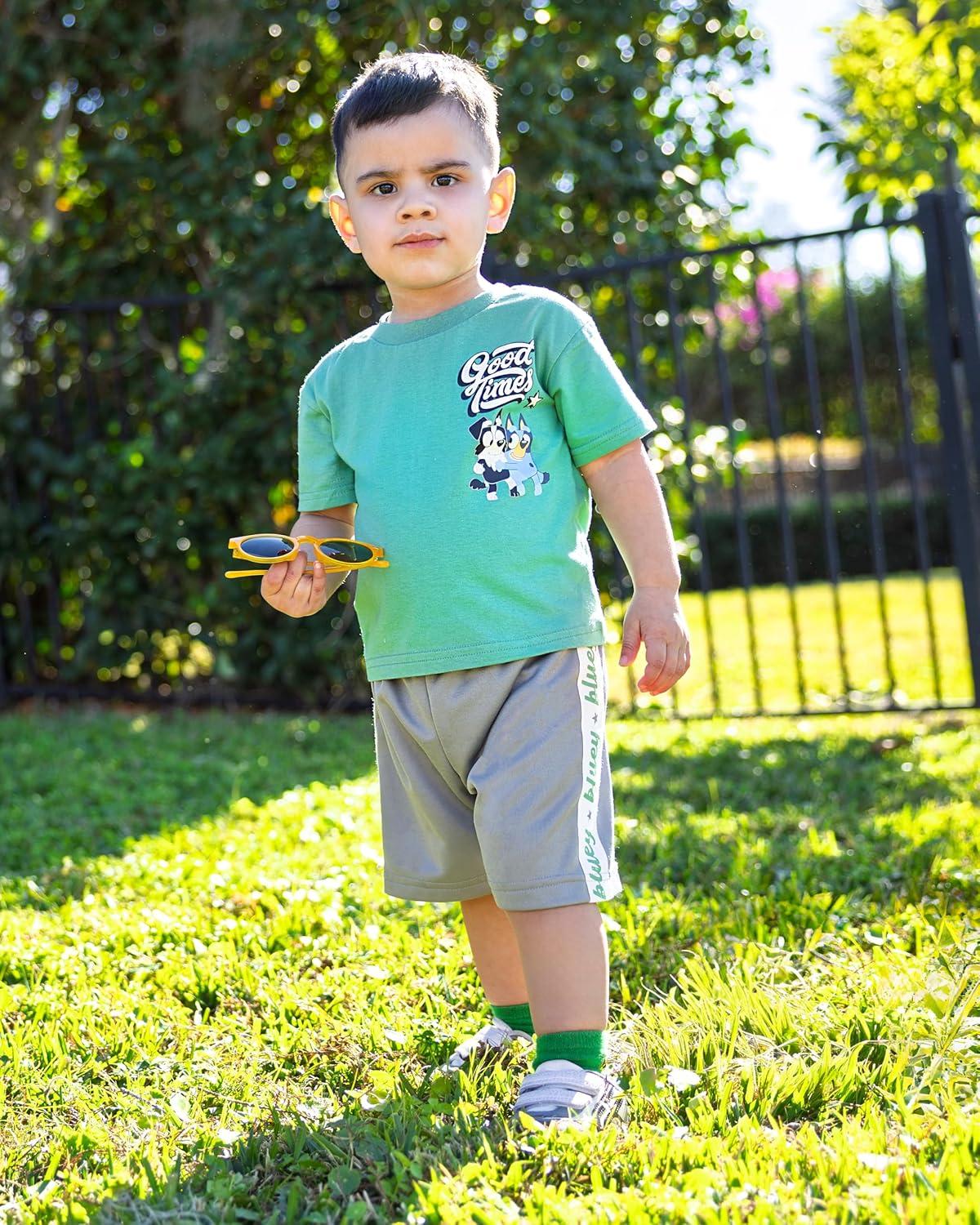 imageBluey TShirt and Mesh Shorts Outfit Set Infant to Big Kid Sizes 12 Months 1012Sage Green Gray