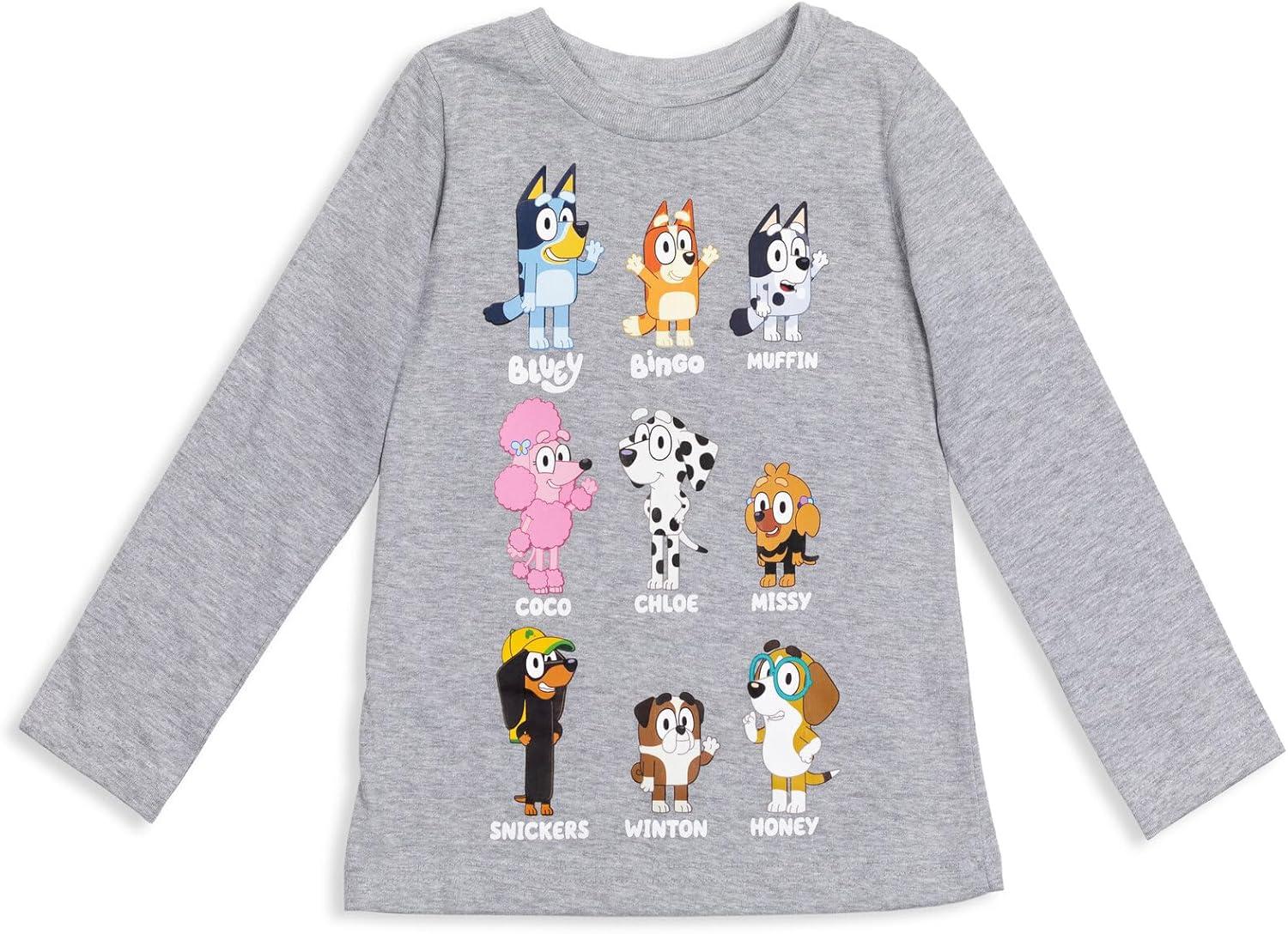 imageBluey Winton Snickers Honey Muffin Bandit Dad Chilli Mom Missy Chloe Coco Bingo Girls 2 Pack TShirts Toddler to Little KidBlue Grey