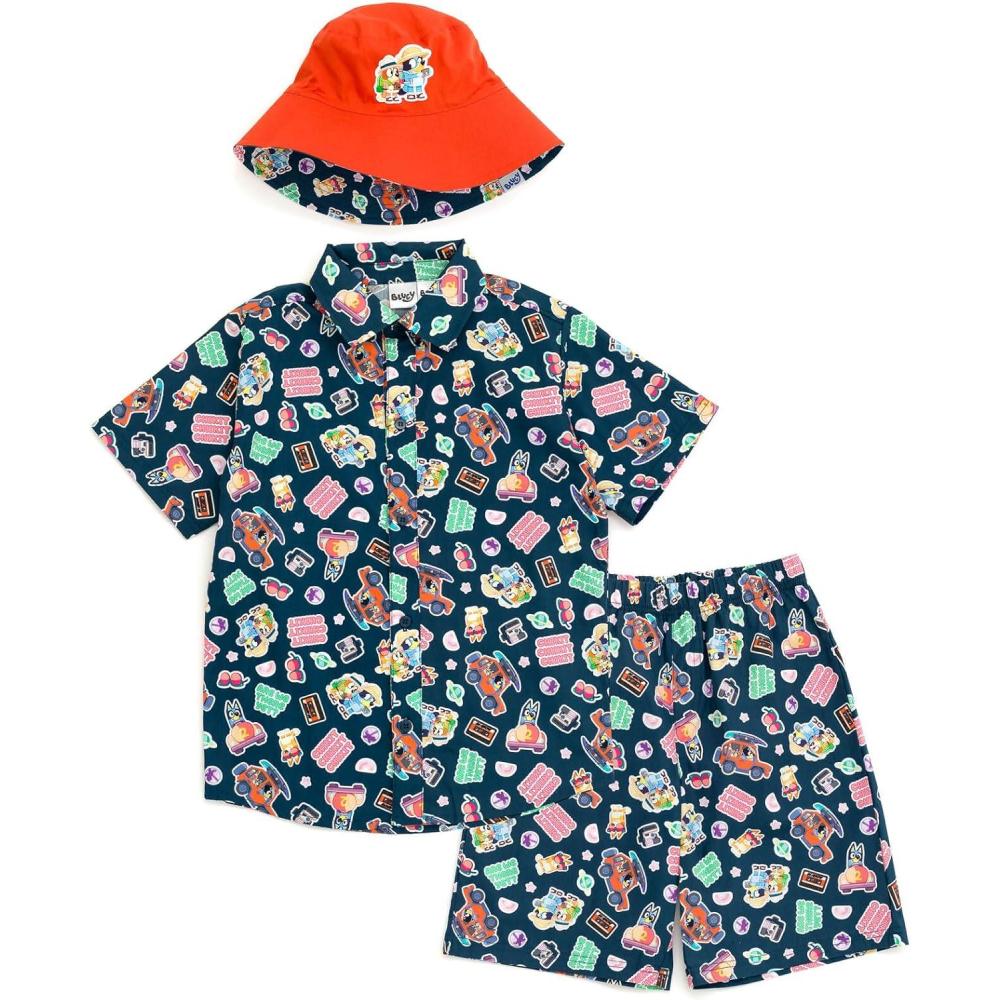 imageBluey Button Down Shirt Shorts and Bucket Sun Hat 3 Piece Outfit Set Toddler to Big KidRoad Trip