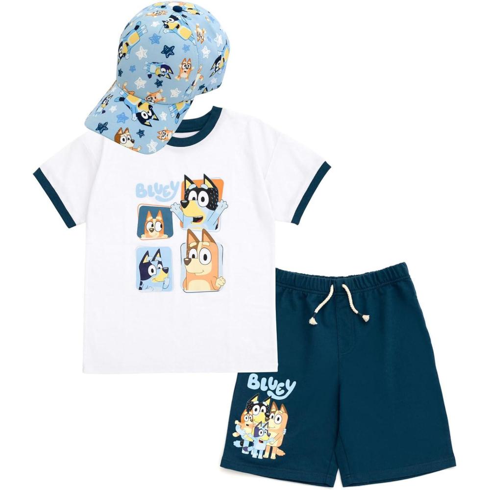 imageBluey Drop Shoulder TShirt French Terry Shorts and Adjustable Snapback Baseball Cap 3 Piece Outfit Set Toddler to Big KidBluey Family