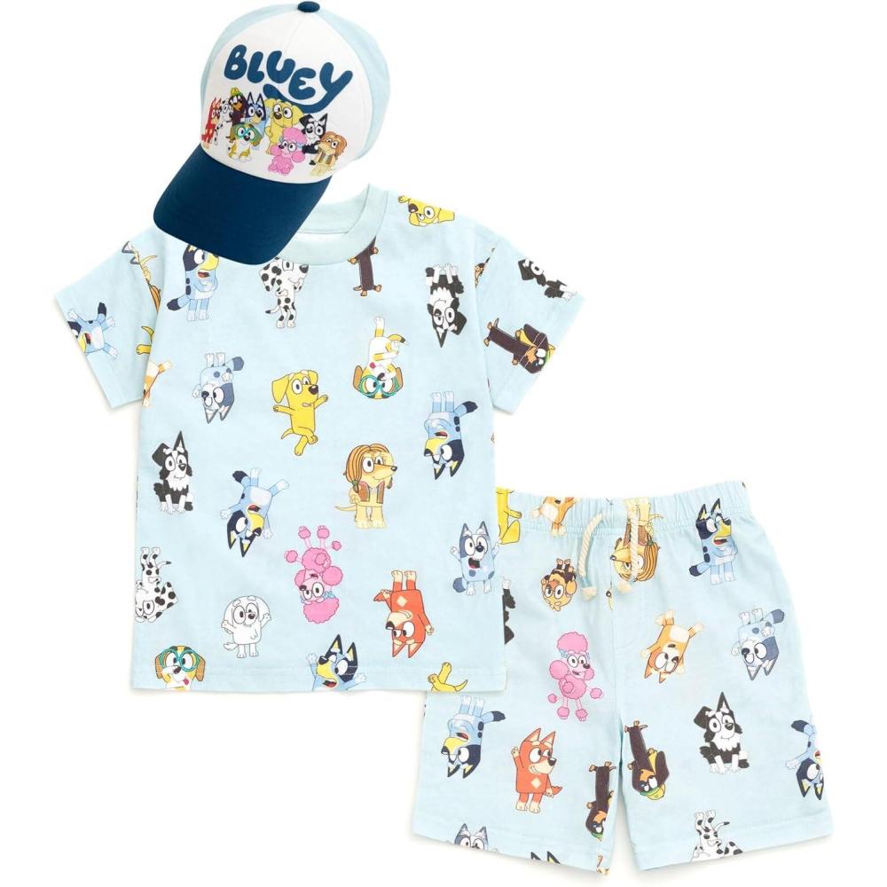 imageBluey Drop Shoulder TShirt French Terry Shorts and Adjustable Snapback Baseball Cap 3 Piece Outfit Set Toddler to Big KidBluey Friends