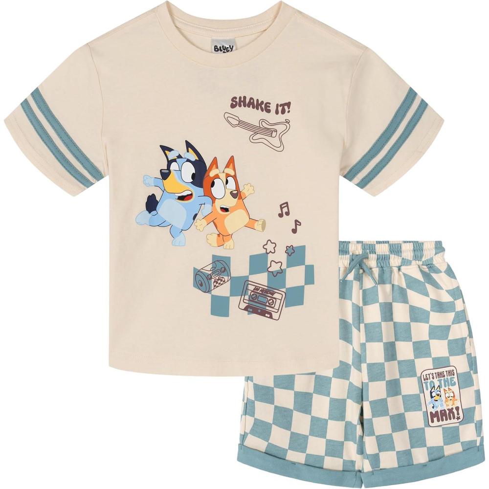 imageBluey Drop Shoulder TShirt and Shorts Outfit Set Toddler to Big Kid Sizes 2T  1012Cream  Blue