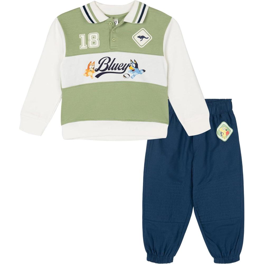 imageBluey Fleece Polo Shirt Colorblock Jogger Pants Outfit Set Toddler to Big Kid Sizes 2T  1012Green  Navy Blue