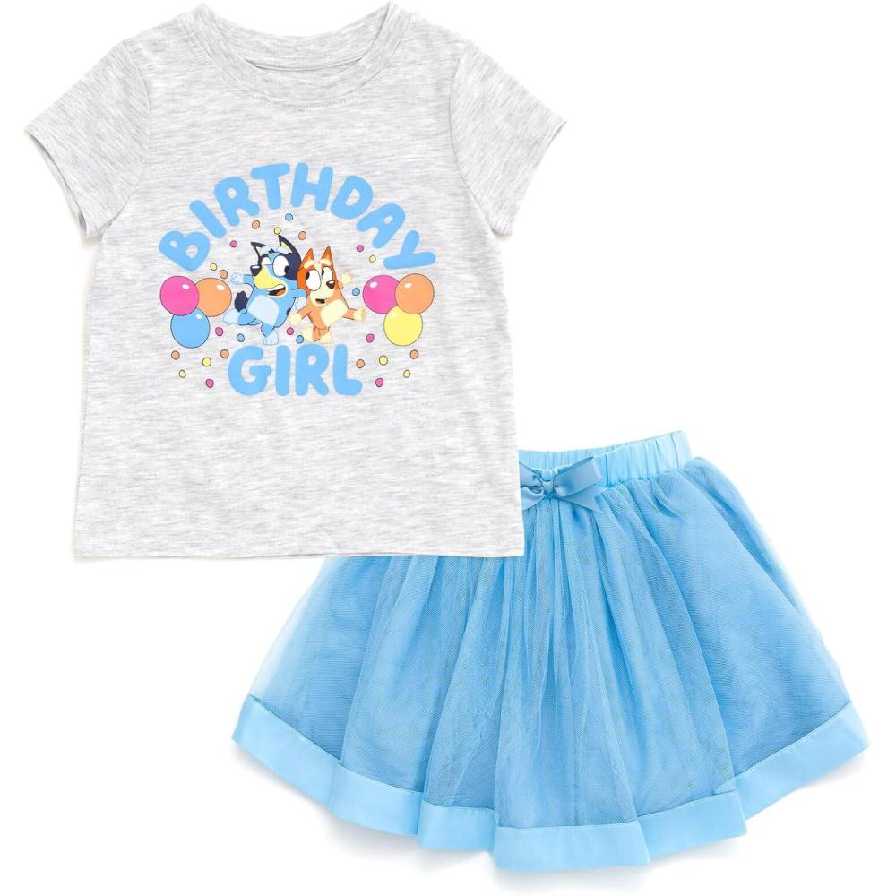 imageBluey Floral Birthday TShirt and Mesh Tulle Skirt Outfit Set Infant to Big Kid Sizes 12 Months  1012Heather Gray  Sky Blue