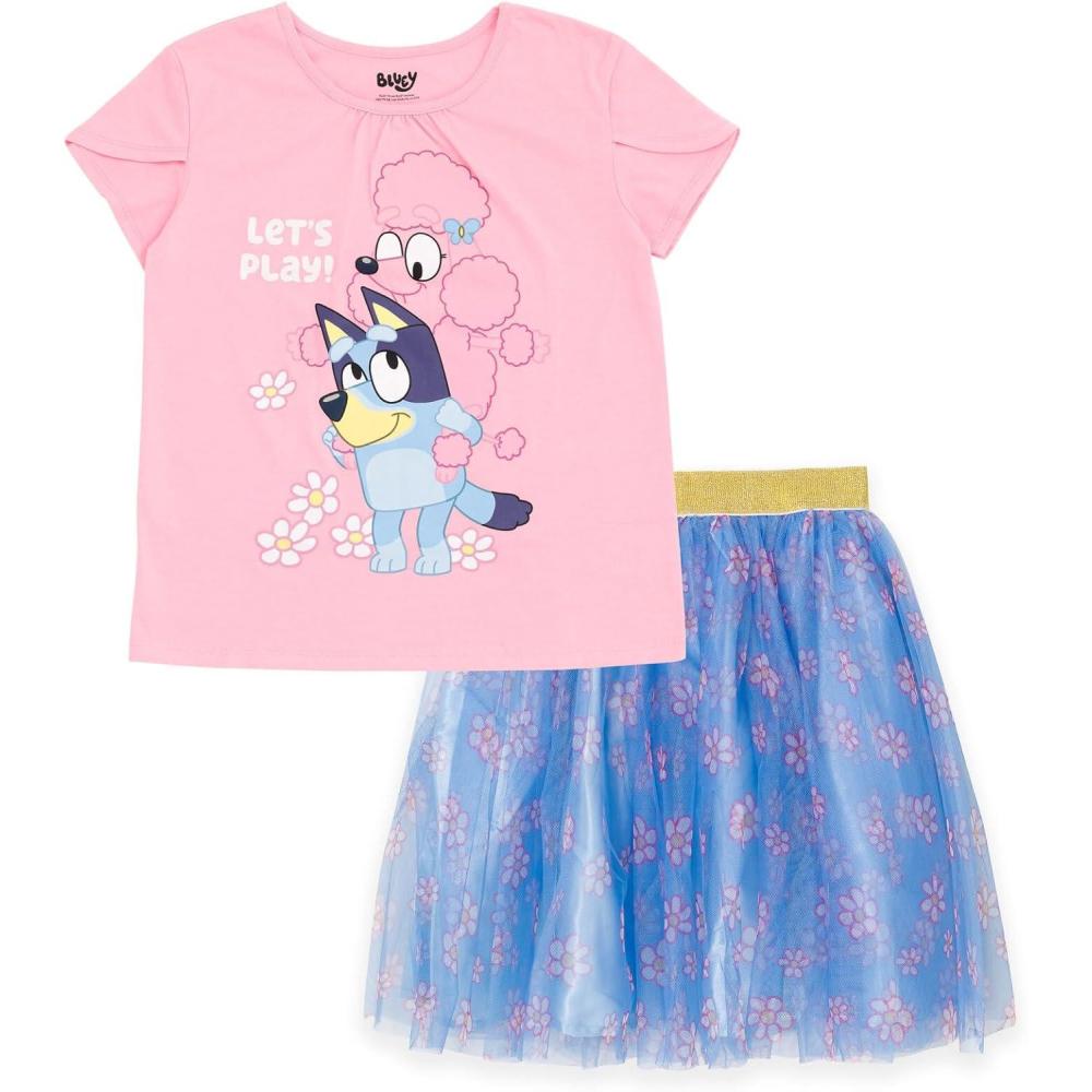 imageBluey Floral Birthday TShirt and Mesh Tulle Skirt Outfit Set Infant to Big Kid Sizes 12 Months 1012Pink Blue