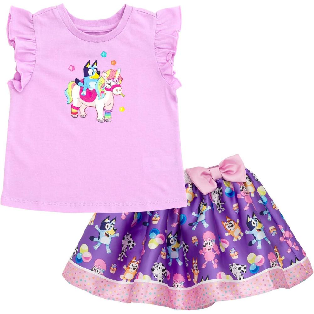 imageBluey Floral Birthday TShirt and Mesh Tulle Skirt Outfit Set Infant to Big Kid Sizes 12 Months 1012Purple Pink Bluey Friends